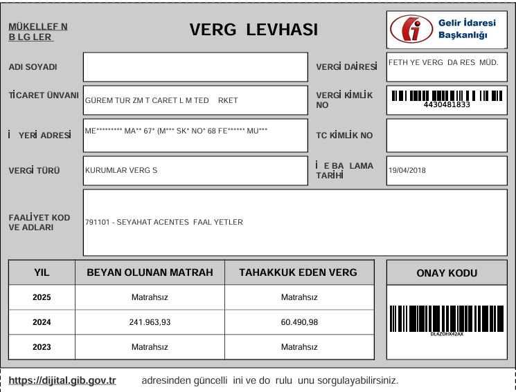 Gelir İdaresi Başkanlığı Vergi Levhası